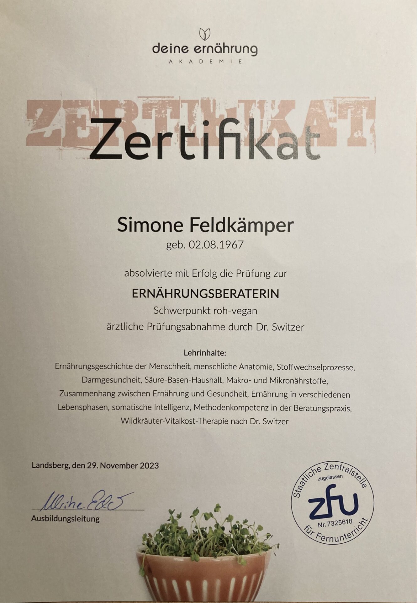 Zertifikat Ernährungsberaterin
