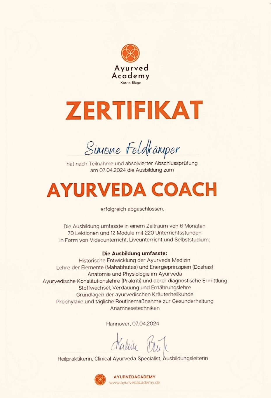 Zertifikat Ayurveda Coach